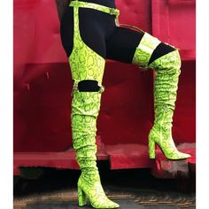 Fit: True To Size Knee-high Boots For Club In Spring, Fitted Boots For Night Out In Spring, Trendy Summer Club Boots, Edgy Spring Club Boots, Spring Knee-high Boots For Club, Trendy Fitted Green Boots, Green Fitted Thigh-high Boots, Yellow Fitted Casual Boots, Casual Fitted Party Boots