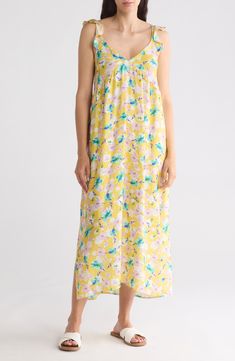 Ruffled shoulder straps top a colorful floral print dress fashioned with a breezy maxi skirt for over-the-top elegance. V-neck 100% polyester Machine wash, dry flat Imported Model stats: 5'10" height, 32" bust, 25" waist, 36" hip. Brunch Maxi Dress, Printed Dresses Fashion, Daytime Dresses, Sweaters And Leggings, Strap Tops, Summer Accessories, Comfortable Dress, Dress Romper, Floral Print Dress