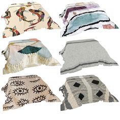 six different types of blankets and pillows on a white background, each with an eye design