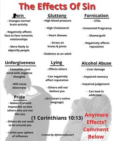 the effects of sin info sheet with text and images on it, including an image of a