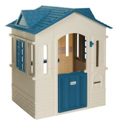 a toy house with a blue door and windows