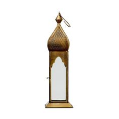 an ornate brass lantern with mirror on the front and back sides, isolated against a white background