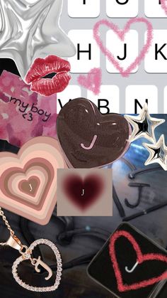 the collage has hearts, stars, and other items on it with words above them