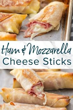 baked ham and cheese mozzarella sticks on a baking sheet with text overlay