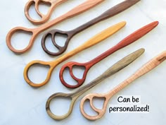 six pairs of wooden scissors with the words can be personalized