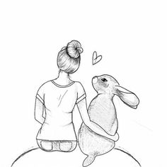 a drawing of two people sitting on top of a rock with a rabbit looking at them