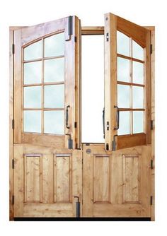 two wooden doors with glass panels and wrought iron bars on the top one door is open