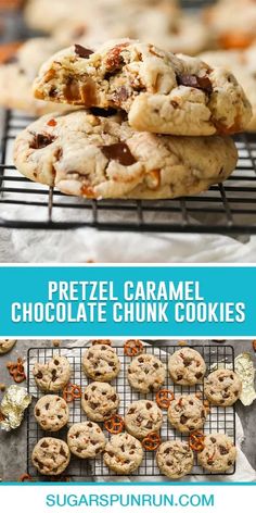 Stuffed with gooey caramel bits, crunch pretzel pieces, and melty chocolate, these caramel pretzel chocolate chunk cookies are full of texture. They are the perfect blend of salty and sweet!