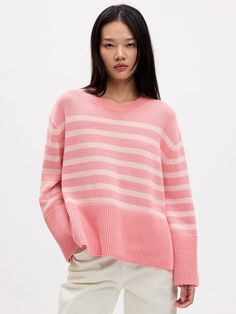 24/7 Split-Hem Crewneck Sweater | Gap Factory Trendy Striped Sweater With Ribbed Cuffs, Casual Spring Sweater With Striped Hem, Spring Knit Sweater With Striped Hem, Fall Sweater With Striped Hem And Long Sleeves, Striped Long Sleeve Ribbed Sweater, Crew Neck Knit Sweater With Striped Cuffs, Knit Long Sleeve Tops With Striped Hem, Winter Sweater With Striped Hem And Long Sleeves, Striped Cotton Sweater With Ribbed Detail