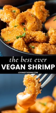 the best ever vegan shrimp is served on a fork