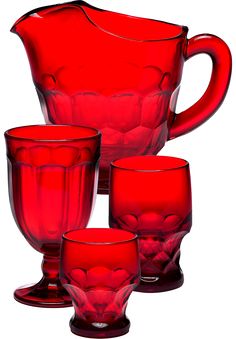 a red glass pitcher and four glasses on a white background with the image in full color