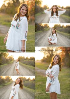 a woman in white dress posing on dirt road