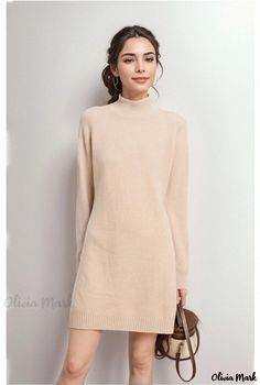 Olivia Mark - Premium Wool Knit Midi Dress with Thickened Half High Neck and Loose Fit Casual Knit Dress, Wool Sweater Dress, Cashmere Outfits, Sweater Maxi Dress, Cashmere Dress, Long Sleeve Knitted Cardigan, Knit Midi Skirt, Turtleneck Sweater Dress, Knit Turtleneck Sweater