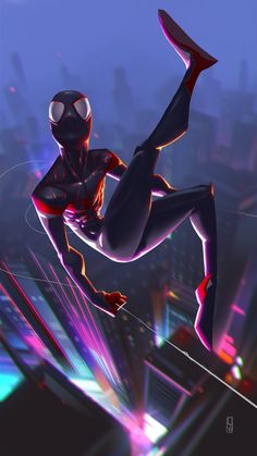 a spider - man flying through the air in front of a cityscape with neon lights