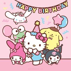 an image of hello kitty birthday card with many cartoon characters and balloons in the background