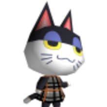 an animated cat with yellow eyes and a striped shirt is standing in front of a white background