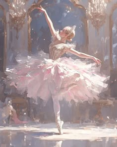 a painting of a ballerina in pink tutu and white dress with her arms outstretched