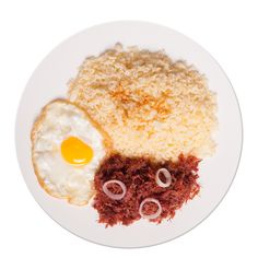 an egg, meat and rice on a white plate