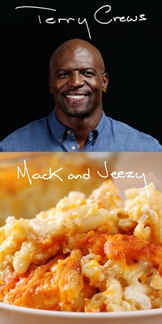 a man smiling next to a bowl of macaroni and cheese