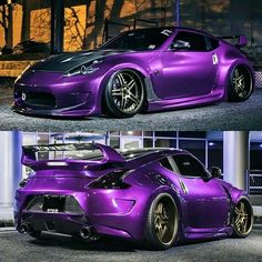 the purple sports car is parked on the street