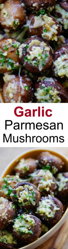 garlic and parmesan mushrooms in a bowl with the title text above it that reads garlic parmesan mushrooms