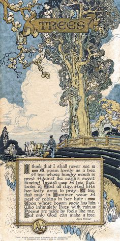 an old book with writing on it and a tree in the middle, surrounded by blue flowers