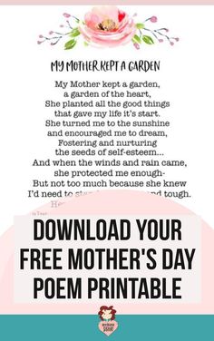 the poem for mother's day is shown in pink and blue