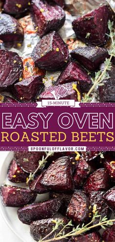 roasted beets on a plate with rosemary sprigs and text overlay that reads easy oven roasted beets