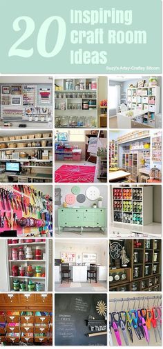 there are lots of crafting items in this collage with the words, 20 amazing craft room ideas