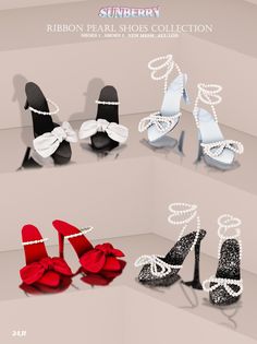 several pairs of high heeled shoes with bows on them