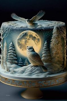 a cake decorated with an owl sitting on top of a snowy hill and the moon in the background