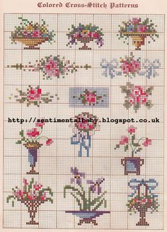 a cross stitch pattern with flowers and potted plants on the bottom, in different colors