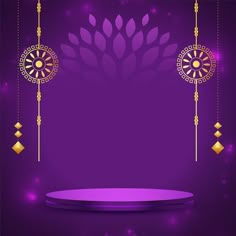 an elegant purple background with gold ornaments and hanging decorations on the side, in front of a