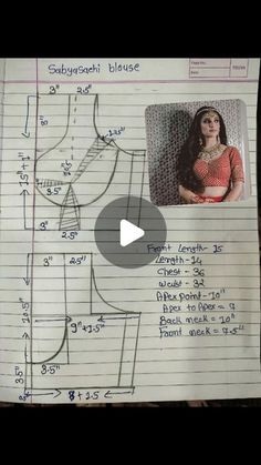 a piece of paper with an image of a woman's top and measurements on it