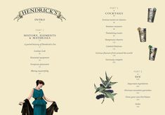 the menu for henderick's is shown with an image of a woman in a blue dress