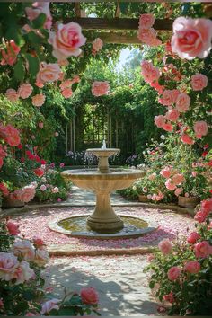 a fountain surrounded by pink roses in a garden