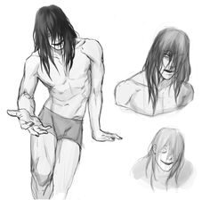 three different poses of a man with long hair and no shirt, one in shorts