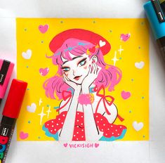 a drawing of a girl with pink hair wearing a red hat and holding her hand to her face