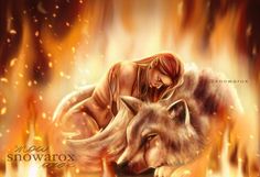 a painting of a woman hugging a wolf in front of a blazing background with the words happy snowarox on it