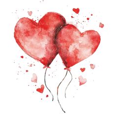 two red heart shaped balloons floating in the air with watercolor splashing on them