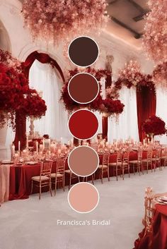 an elegant wedding with red flowers and greenery on the ceiling, along with matching color palettes