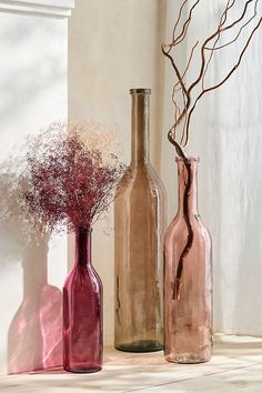 three vases with dried flowers in them sitting on a shelf next to a window