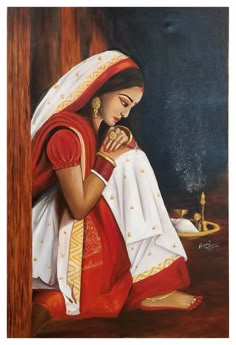 a painting of a woman sitting on the ground with her hands clasped to her chest