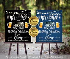 two signs with beer glasses on them are in front of some trees and lights that say welcome to cheers