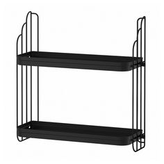 two black shelves on each side of the wall, with one shelf attached to it