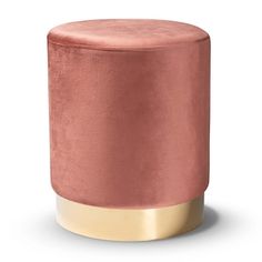 a pink velvet stool with gold trim around the top and bottom, on a white background