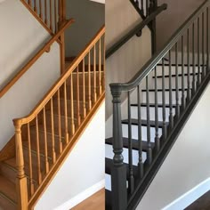 two pictures of stairs and railings in a house