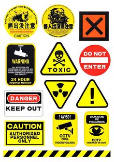 various warning signs and stickers on a white background