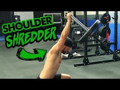 a man doing squats with the words shoulder shredder in front of him