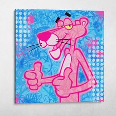 a painting of a pink cartoon character on a blue background